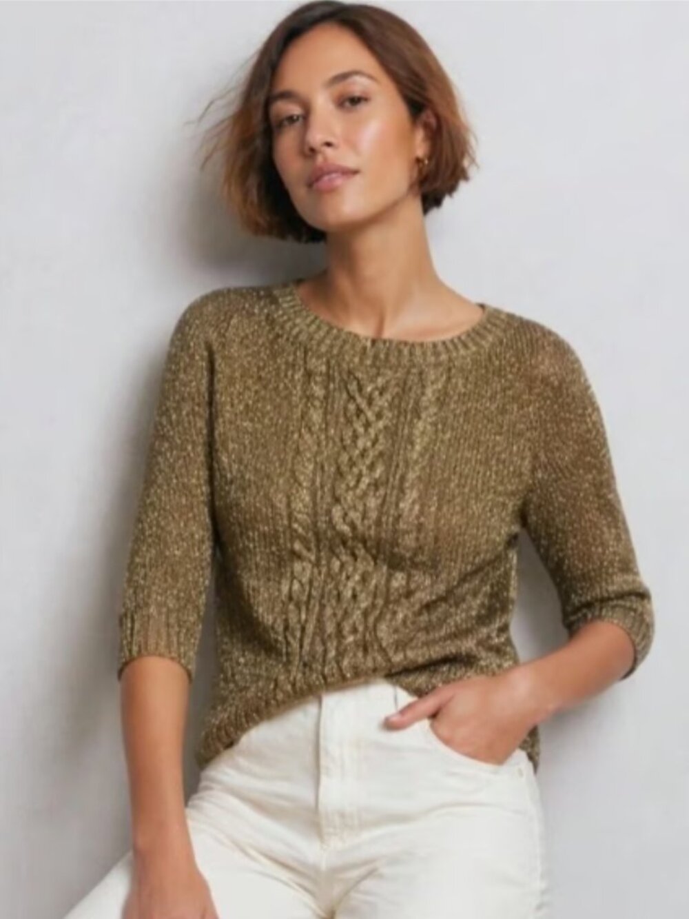 Ralph Lauren Gold Lurex Thread 3/4 Sleeve Cable Knit Sweater